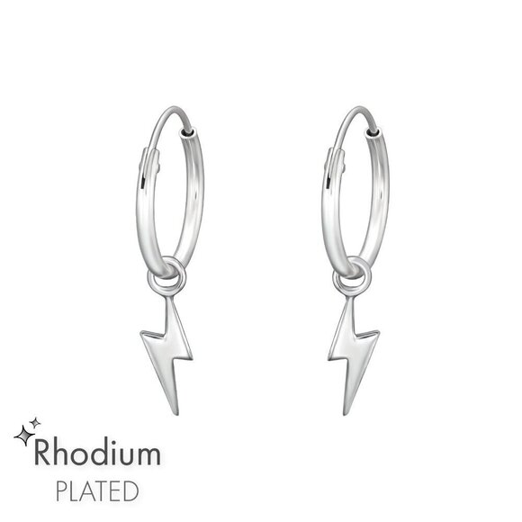 Rhodium Huggie Lightning Bolt Hoops - Picture 1 of 9